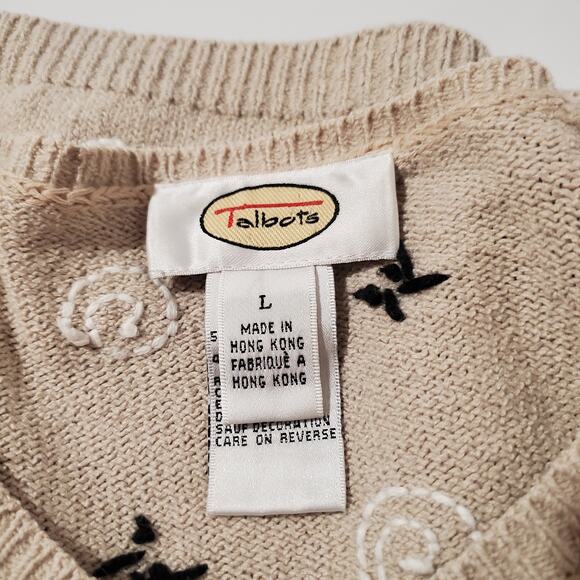 Vtg Talbots Embroidered Button Cardigan Sweater Womens Size L Heavy Knit Beige - Picture 6 of 9